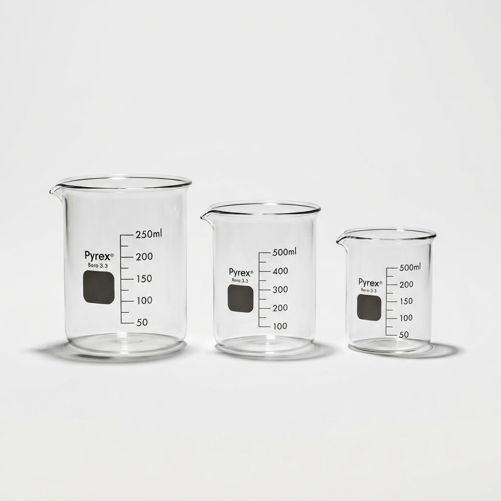 Set of borosilicate glass beakers for industrial and scientific laboratories
