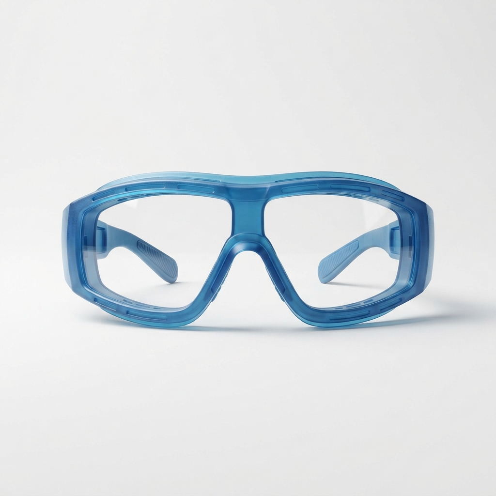 Clear lens industrial safety goggles with azure accents for scientific use